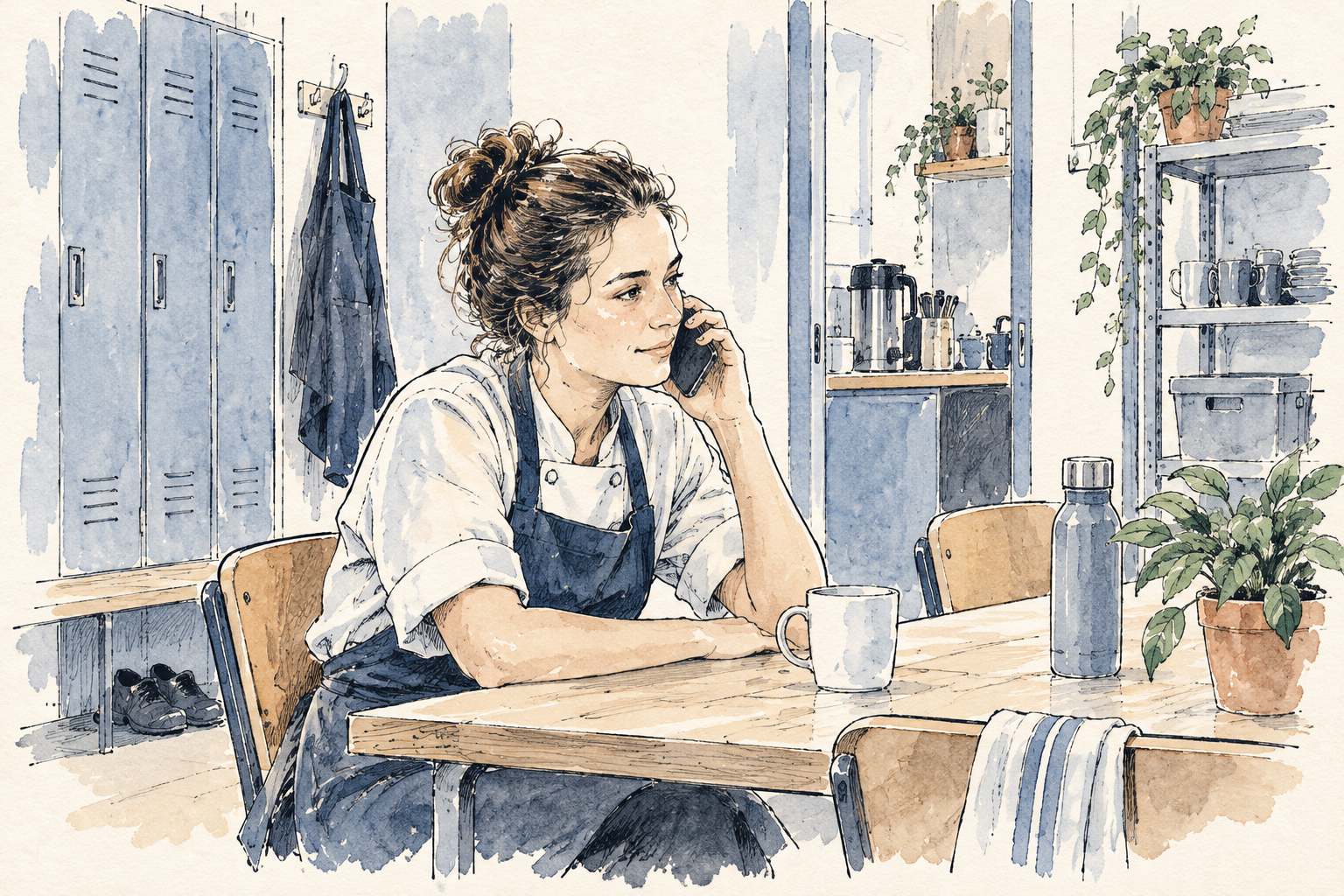 Ink and watercolour illustration of a hospitality employee having a private phone conversation