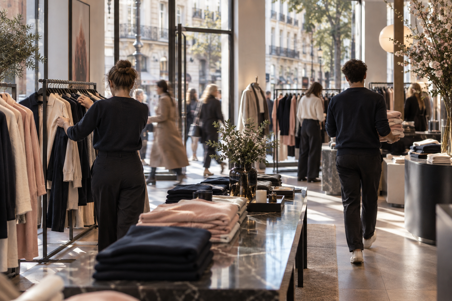 Illustrative photograph of fashion stores at work, with no identifiable faces