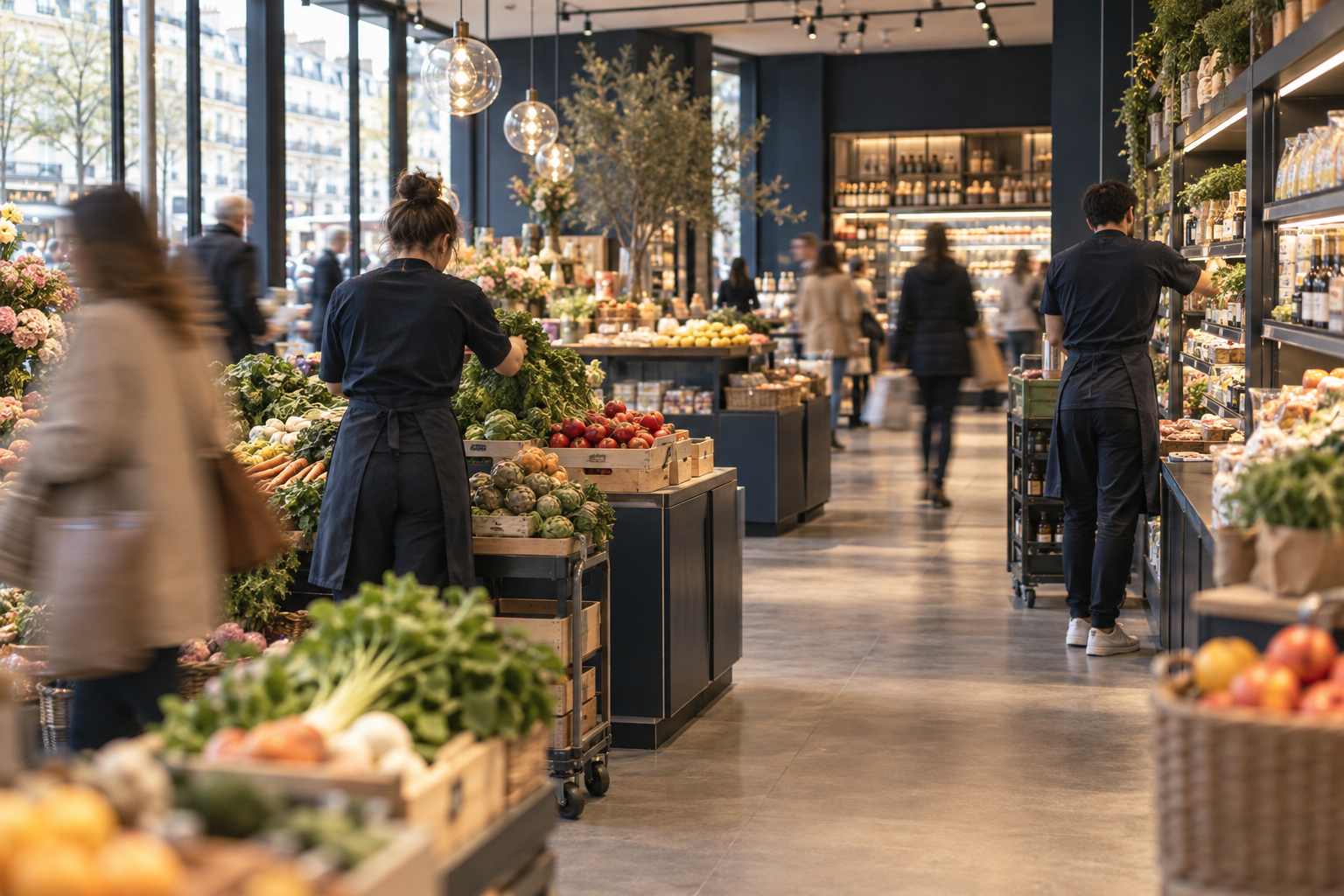 Illustrative photograph of grocery stores at work, with no identifiable faces