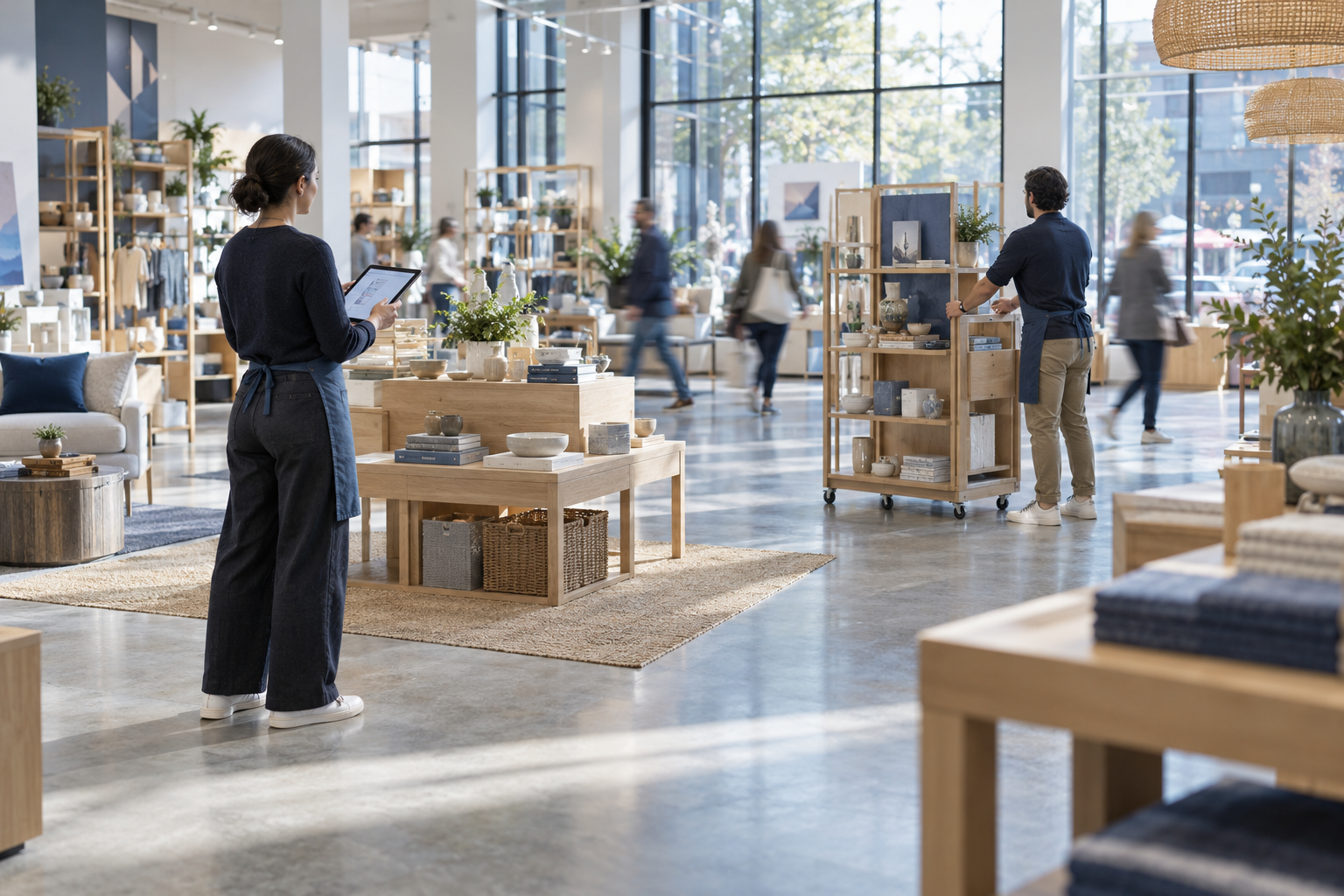 Illustrative photograph of store locations at work, with no identifiable faces