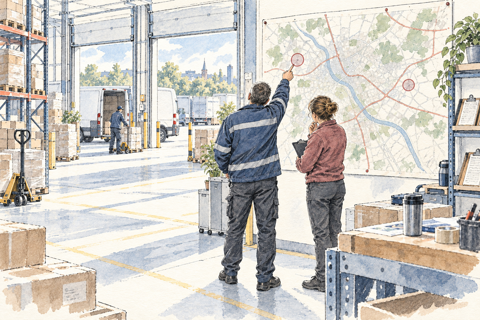 Ink and watercolour illustration of colleagues exploring a strategic question together