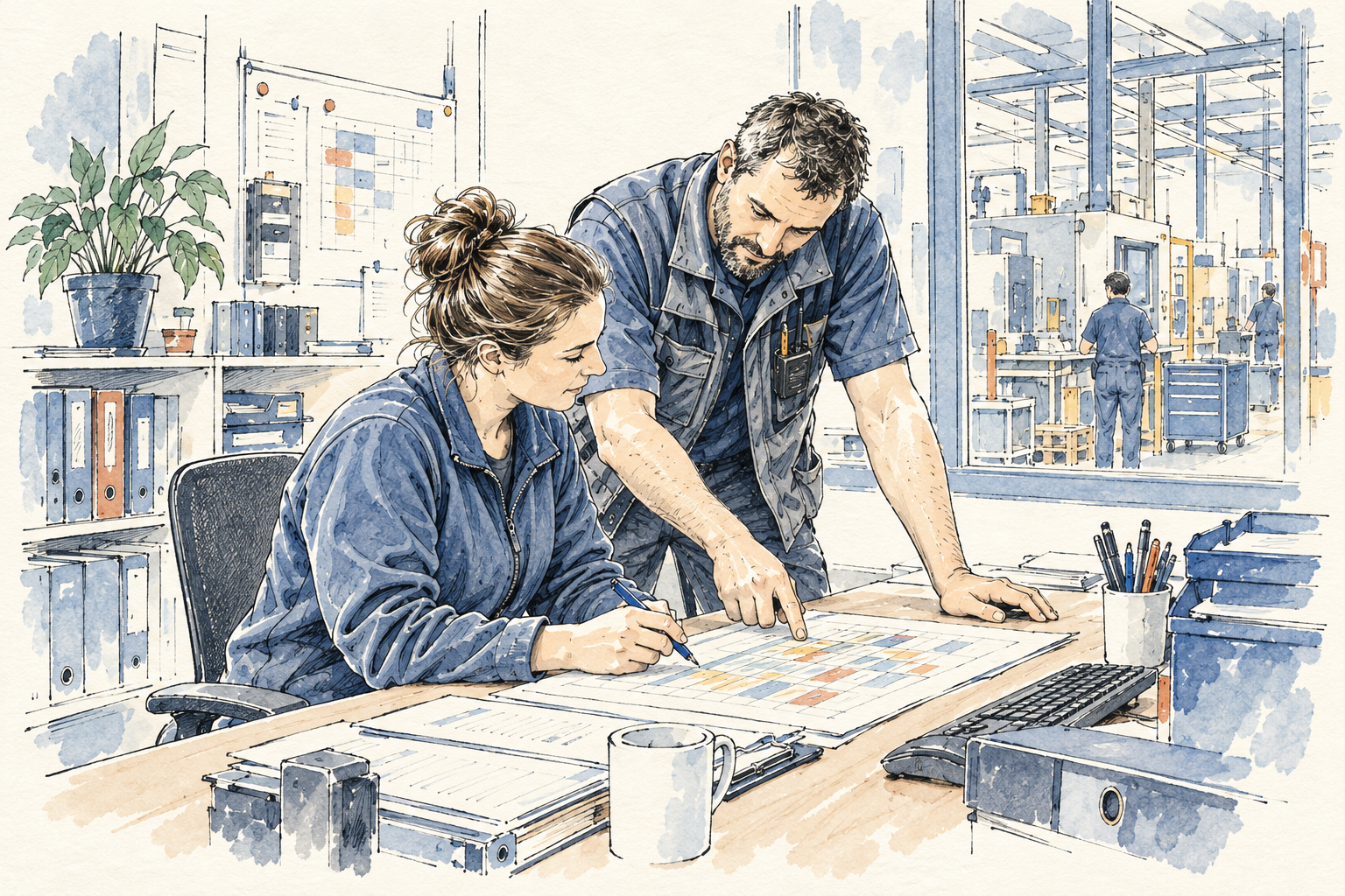 Ink and watercolour illustration of production planners reviewing a schedule beside a factory floor