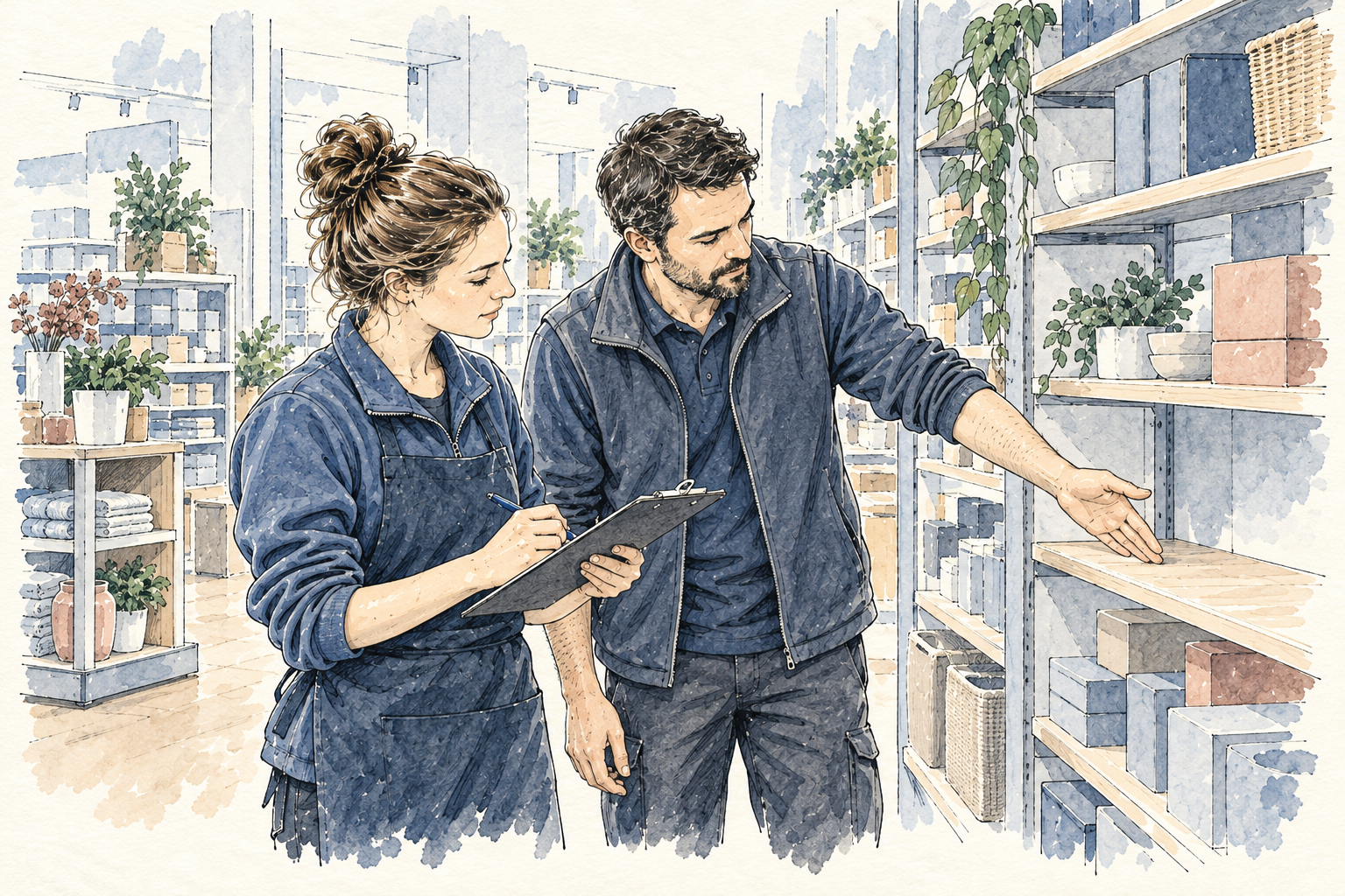 Pencil and watercolour illustration of two store colleagues reviewing a shelf display